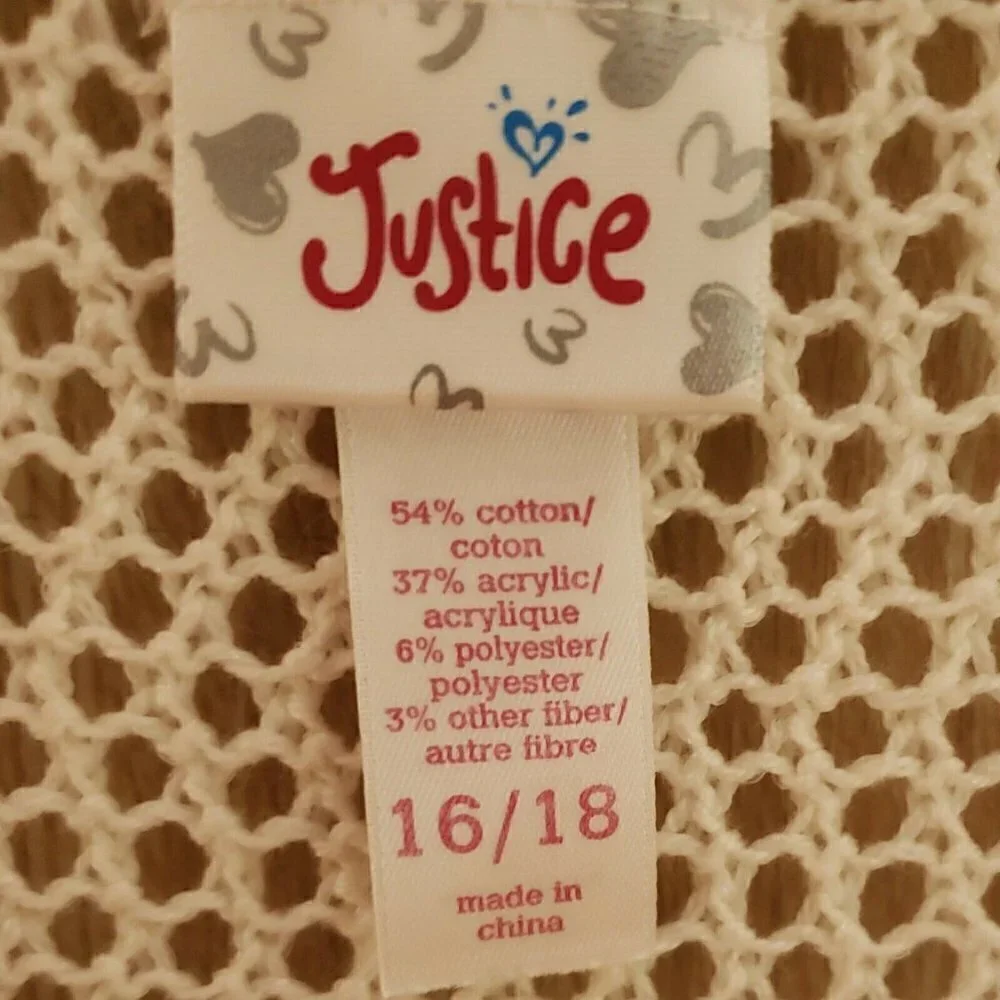 Justice White Fringe Open Knit Poncho 16-18